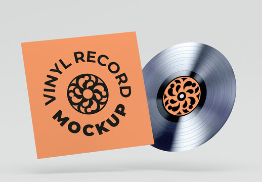 Floating Vinyl Record with Cover Frontal View Mockup