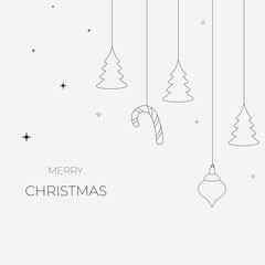 black and white minimalistic christmas card with hanging christmas tree and decorations