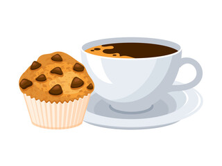 Chocolate muffin and cup of coffee icon vector. Chocolate chip muffin  and black coffee drink icon vector isolated on a white background. Sweet breakfast still life
