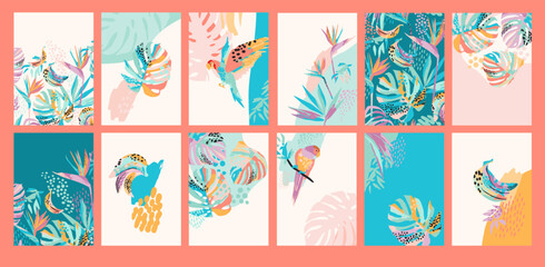 Collection of art backgrounds with abstract tropical nature. Modern design for social networks, posters, covers, cards, interior decor and other.