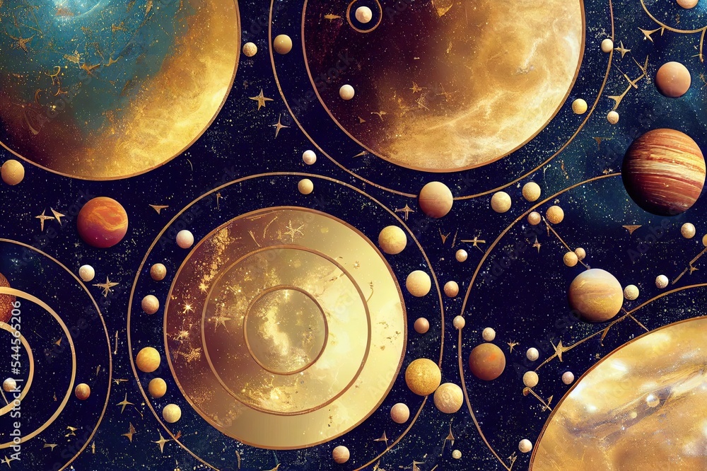 Wall mural abstract cosmic background with gold metallic foil and marbled textures inlay. sacred geometry with 