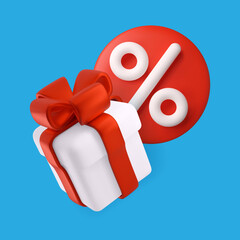 White gift box with a red bow and a percent sign on a blue background 3d. Vector illustration. Christmas Holiday Sale Concept