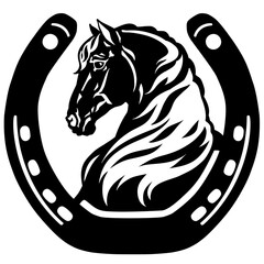 horse head profile in the horseshoe. Silhouette. Side view. Logo. icon, emblem. Black and white vector illustration