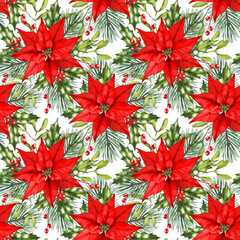 Poinsettia seamless pattern. Red poinsettia, watercolor christmas surface pattern design. Christmas digital wrapping paper. Christmas floral print. 