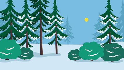 Green conifers in a snowy forest in winter