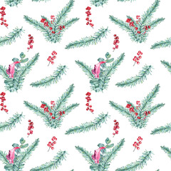 Watercolor winter seamless pattern. Hand drawn conifer, eucalyptus and alex branches. Hand drawn illustration. Isolated on transparent. - obrazy, fototapety, plakaty