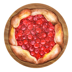 Galette with ripe red cherries and powdered sugar watercolor