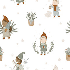 Winter pattern children gnomes, Christmas trees digital paper, for surface design, clothing