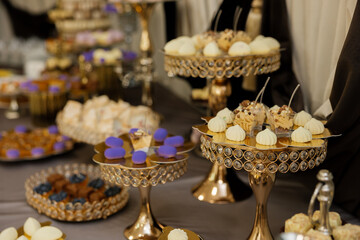 Table with cakes, sweets, candy, buffet. Dessert table for a party goodies for the wedding banquet area. Close up candy bar. Decorated delicious.