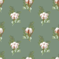 seamless pattern of cotton bolls, pine twigs and leaves on a green background