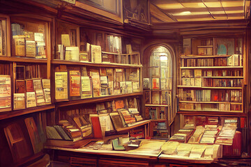 Old library or bookshop with many books on shelves - obrazy, fototapety, plakaty