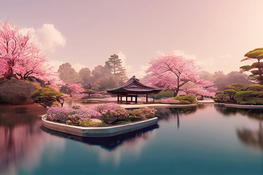 Picture of japanese pagoda in cherry blossom garden with lake
