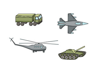 Military doodle color icons. Vector illustration of a set of war transport and aviation.