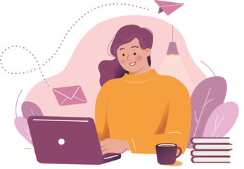 A woman sending an email with a smile