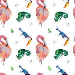 Tropical birds and animals watercolor seamless pattern on white background. © Ekaterina Lanbina