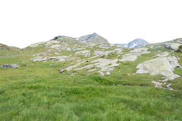 Fototapeta na wymiar Isolated cutout mountains in the Alps in summer on a white background