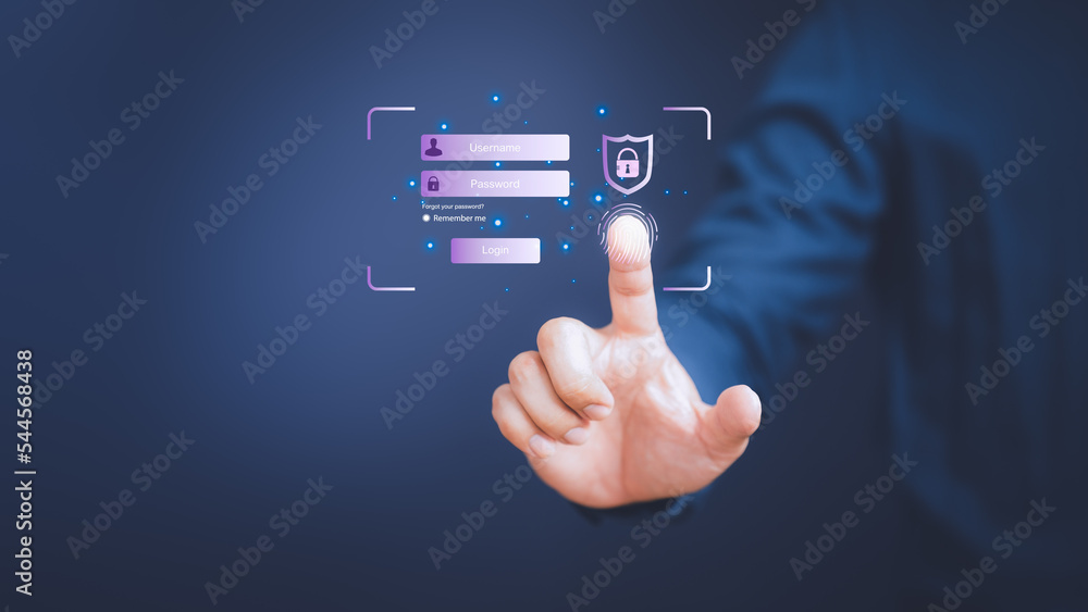 Poster Man login with fingerprint scanning technology. Security concepts and fingerprint password control in the technology of the future.