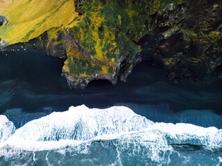 Looking down at Reynisfjara black beach, Iceland 