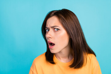 Photo of shocked lady open mouth listen curious cant believe isolated on blue color background - obrazy, fototapety, plakaty