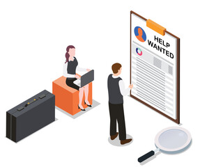 Wanted employ vector concept. Two people looking at candidate application on the clipboard while standing with magnifying glass