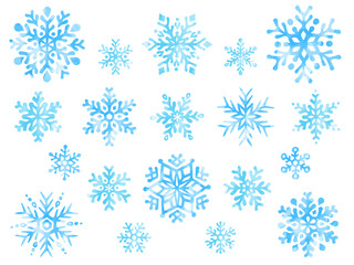 水彩風の水色の雪の結晶のイラストセット