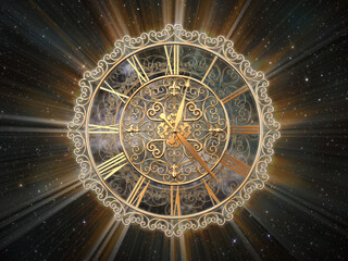 Ornate gold clock and faces with light effects on space background. Infinity of time concept. 3D illustration