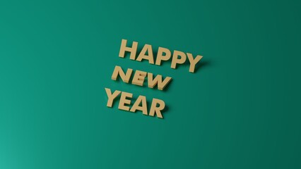 minimalistic strict text Happy New Year yellow-gold color on a green background. with shadows and reflections. 3d render