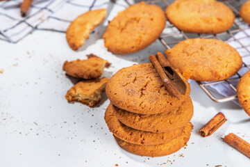 Homemade baked winter cinnamon cookies, Snickerdoodle bisquit scones on white kitchen background