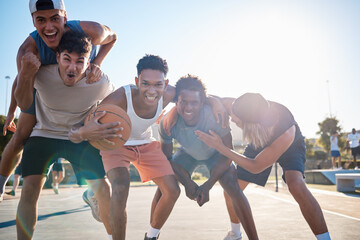 Sport, celebrate and winner of basketball with team and young men for fitness in outdoor portrait,...