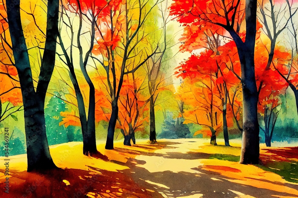 Sticker Autumn forest landscape. Colorful watercolor painting of fall season. Red and yellow trees. Beautiful leaves, pine trees. Minimal elegant flat scenery. Artistic natural scenery. Vintage pastel colors.