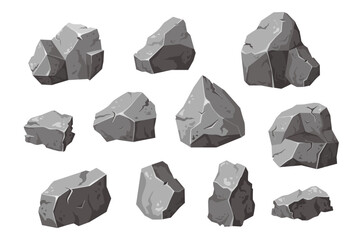 Set Stones solid natural building material . Landscape element. Coal black mineral rock. Gravel pebbles, gray heap isolated vector illustration