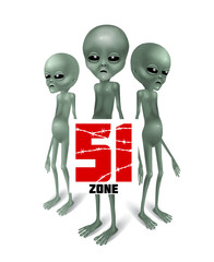 Three gray-green aliens isolated on a white background. Zone 51. Vector.
