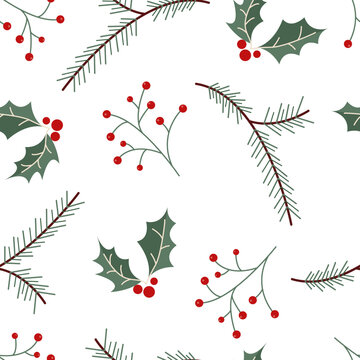 Seamless Christmas pattern with holly leaves, fir branch and berries on white background. Xmas winter repeating print for holiday decoration, wrapping paper, textile. Flat graphic vector illustration