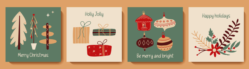 Set of cute Christmas greeting card with tree, gift, ornaments and floral decorations. Xmas design for postcard, poster, wallpaper, social media post template. Cartoon vector illustrations