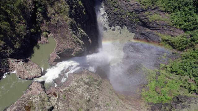 Wallaman Falls And Rainbow On A Sunny Summer Day - Girringun National Park In QLD, Australia. - aerial