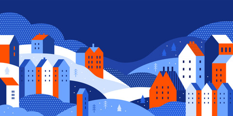 Winter urban landscape in geometric minimal flat style. Cute houses, city buildings among hills, snowdrifts and trees. Small town panorama at night. Abstract horizontal banner with space for the text.