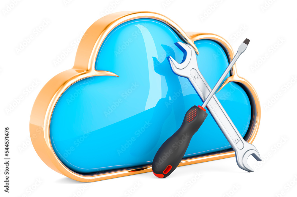 Poster computing cloud with screwdriver and wrench, 3d rendering