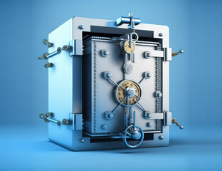 a safe or vaults, locked with chains, is isolated on a blue background. 3d illustration - obrazy, fototapety, plakaty