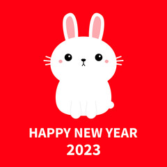 Happy Chinese New Year 2023. The year of the rabbit. White bunny icon. Cute funny head face. Kawaii cartoon character. Pink cheeks. Baby greeting card. Red background. Flat design.