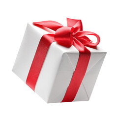 White gift box with red bow	 - obrazy, fototapety, plakaty