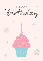 Happy birthday greeting card with cupcake and fireworks, hand drawn style.