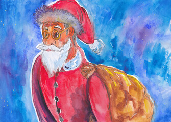 Hand drawn illustration Santa Claus with presents. Watercolor painting.