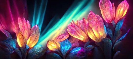 Abstract Glowing Crystal Flowers. Colorful. Concept art