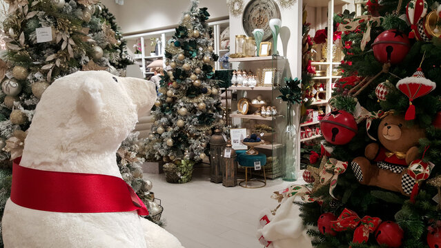 Belgrade, Serbia - November 06, 2022: Casa Bianca store selling Christmas trees and holiday decoration in shopping mall called Usce in Belgrade. Casa Bianca is an Italian brand working worldwide
