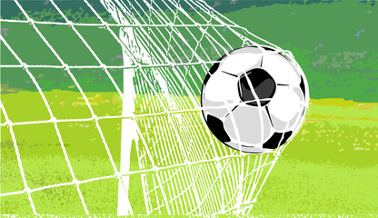 soccer ball in goal net on green grass field, realistic minimalistic illustration vector 