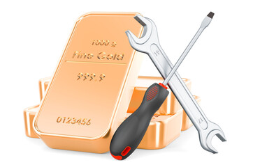 Golden bullions with screwdriver and wrench, 3D rendering