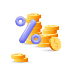 3d vector cartoon render stack of gold dollar coins with percentage symbol, cost rising icon and percent profit interest increase symbol design