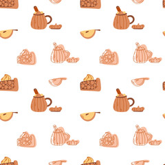 Seamless cozy pattern. Cup of tea or coffee with marshmallow and cinnamon, apple and apple pie. Vector illustration. Wrapping or print for fabric, paper, cover.
