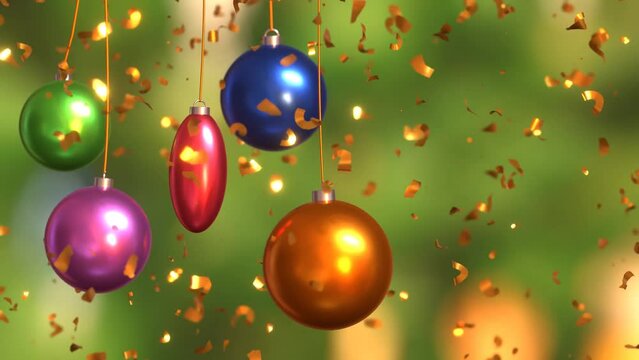 New Year or Christmas celebration video, happy holidays congratulation animation card. Christmas balls with golden confetti falling on background