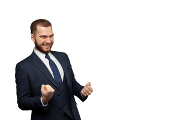 Exited handsome businessman in suit. Isolated on white background